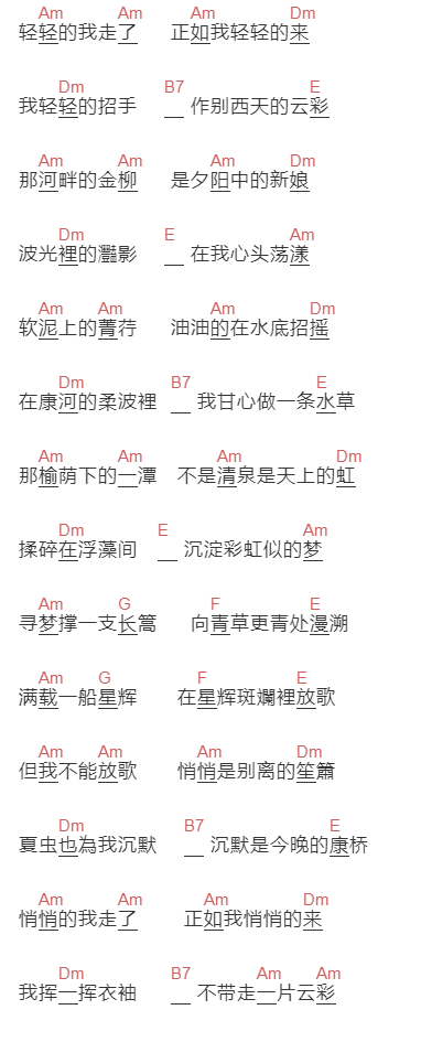 蔡琴《再别康桥》吉他谱C调和弦谱(txt)1