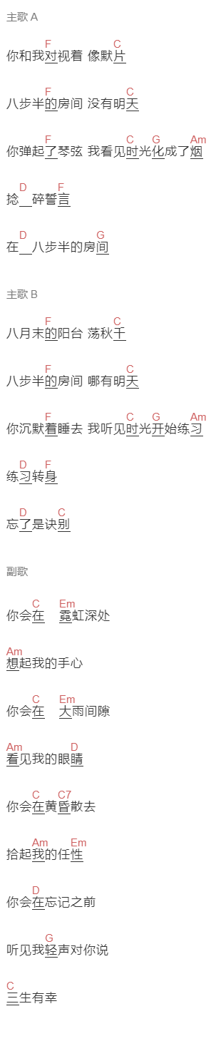 阿云嘎《八步半的房间》吉他谱C调和弦谱(txt)1
