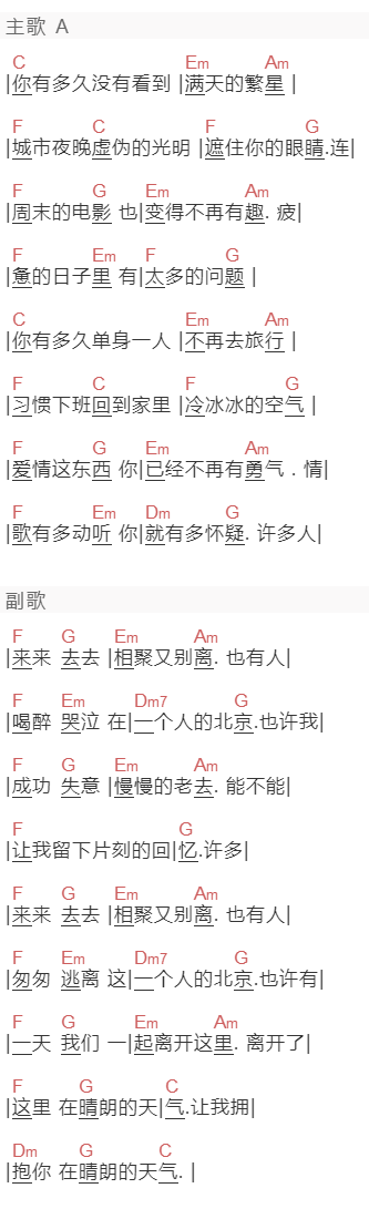 好妹妹《一个人的北京》吉他谱C调和弦谱(txt)1
