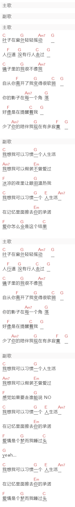 林凡《一个人生活》吉他谱C调和弦谱(txt)1