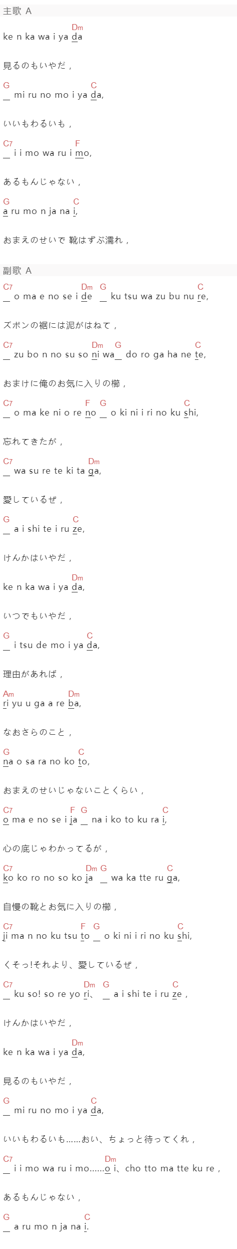 ハンバートハンバート《ゆうべは俺が悪かった》吉他谱C调和弦谱(txt)1