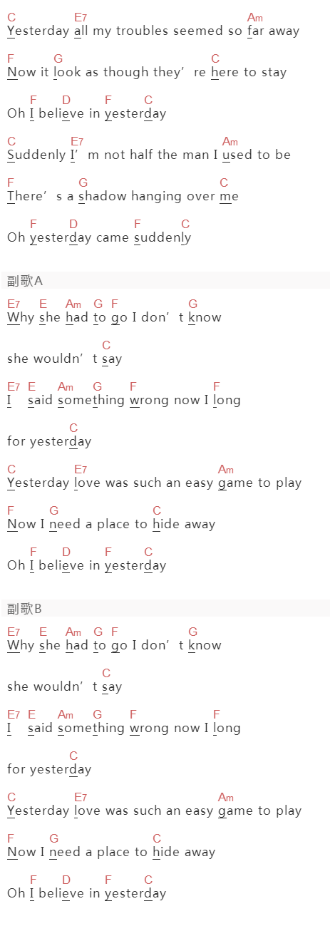 The Beatles《Yesterday》吉他谱C调和弦谱(txt)1