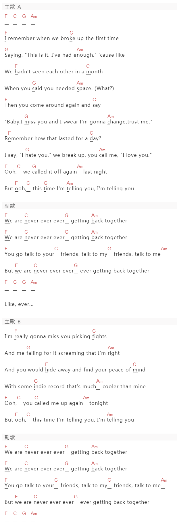 《We Are Never Ever Getting Back Together》吉他谱C调和弦谱(txt)1