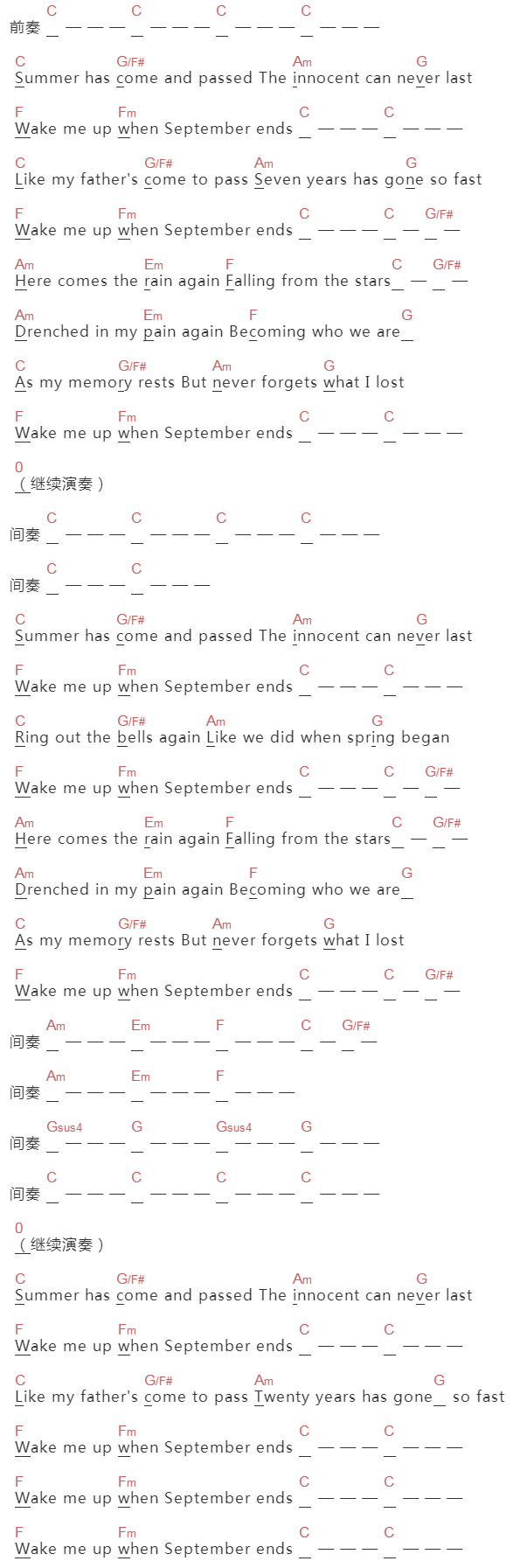 Green Day《Wake Me Up When September Ends》吉他谱C调和弦谱(txt)1