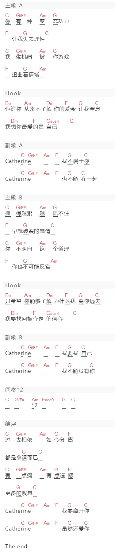 陶喆《Catherine》吉他谱C调和弦谱(txt)1