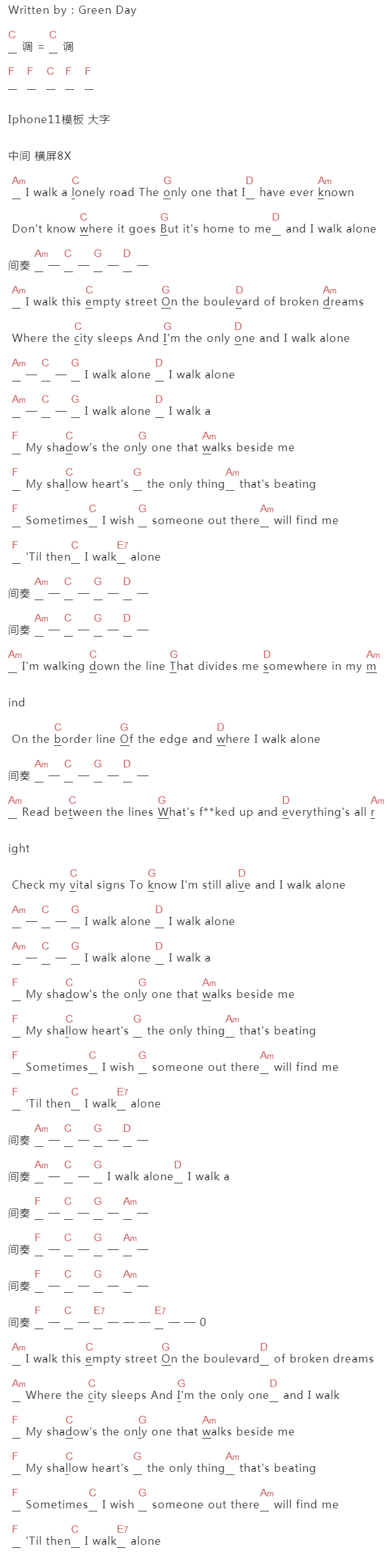 Green Day《Boulevard Of Broken Dreams》吉他谱C调和弦谱(txt)1