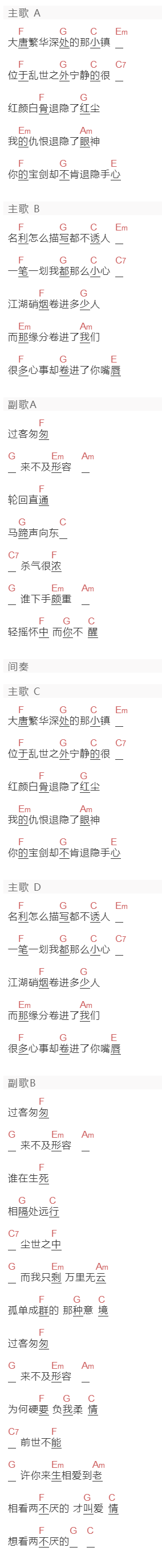 曾一鸣《过客匆匆》吉他谱C调和弦谱(txt)1