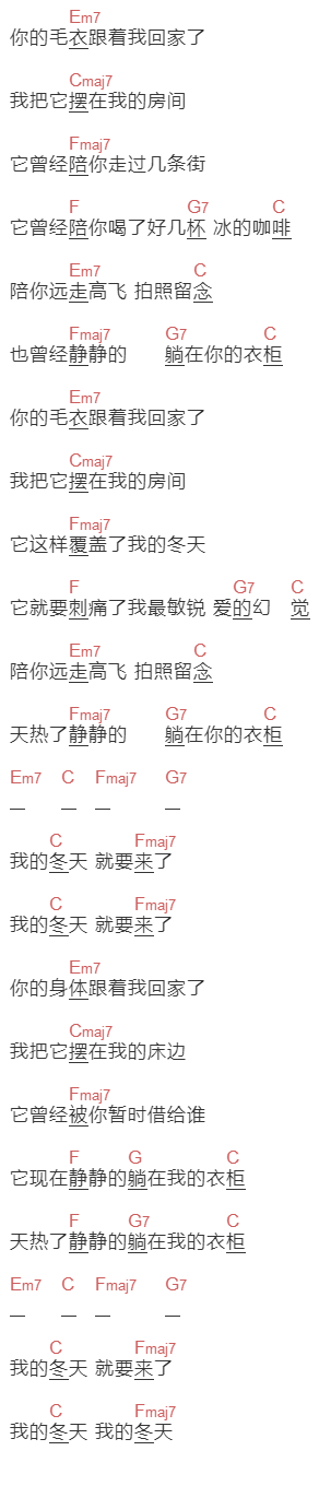 陈绮贞《躺在你的衣柜》吉他谱C调和弦谱(txt)1