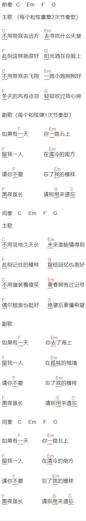谢春花《黑夜虽长，请别用来遗忘》吉他谱C调和弦谱(txt)1