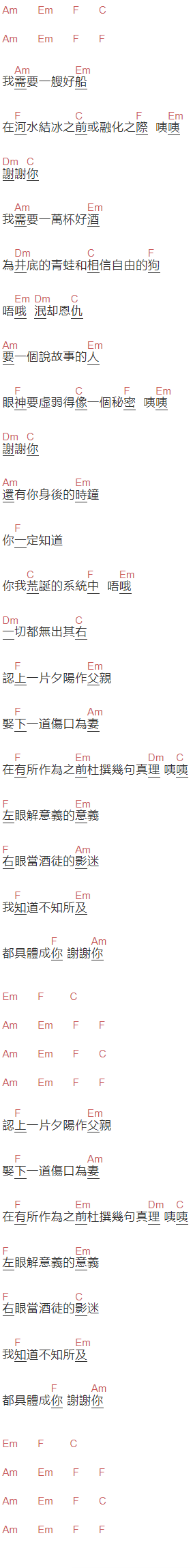 宋冬野《谢谢你》吉他谱C调和弦谱(txt)1