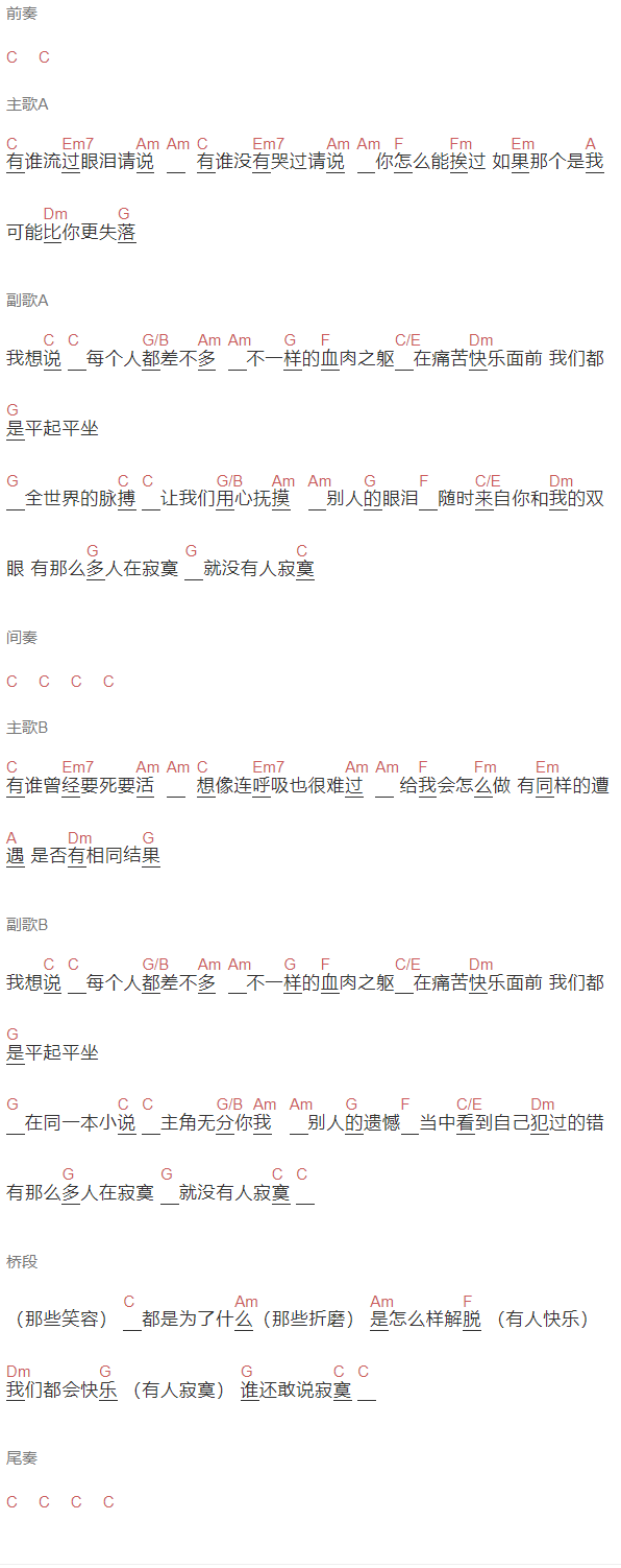 林宥嘉《感同身受》吉他谱C调和弦谱(txt)1