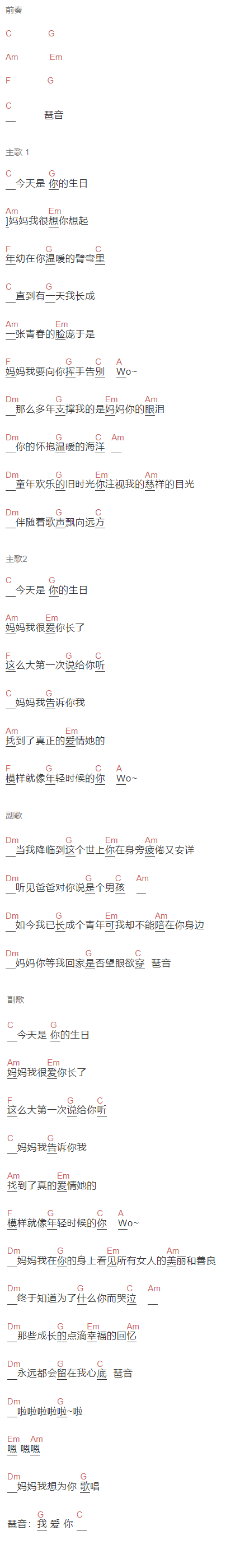 李健《今天是你的生日 妈妈》吉他谱C调和弦谱(txt)1