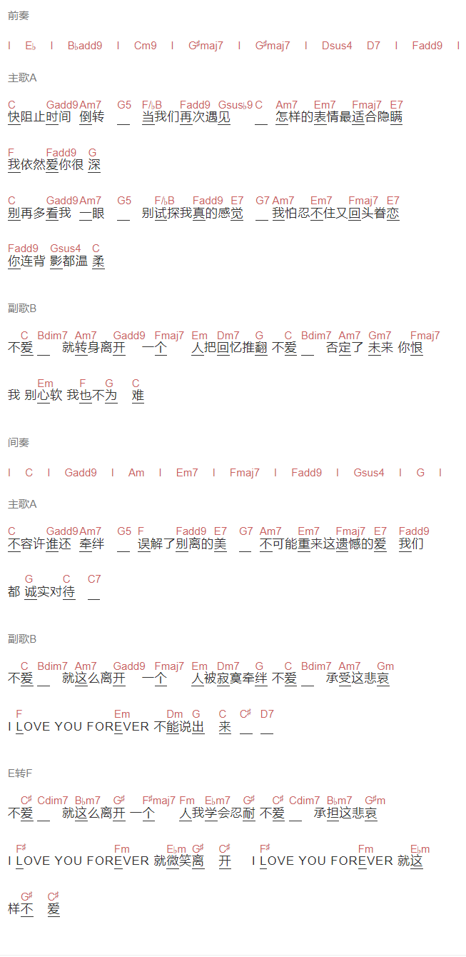 陶喆《不爱》吉他谱C调和弦谱(txt)1