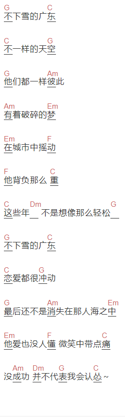 广东雨神《不下雪的广东》吉他谱C调和弦谱(txt)1