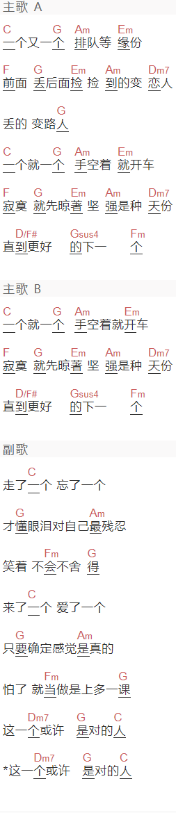 林俊杰《一个又一个》吉他谱C调和弦谱(txt)1