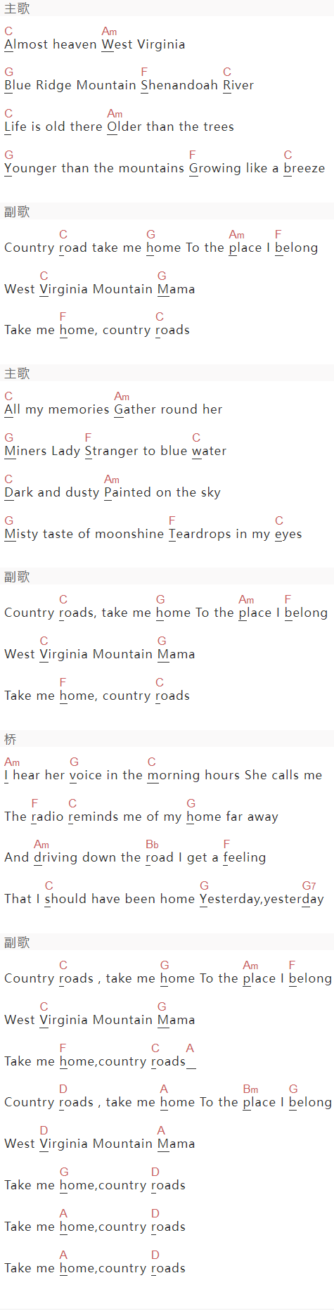 John Denver《Take Me Home, Country Roads》吉他谱C调和弦谱(txt)1