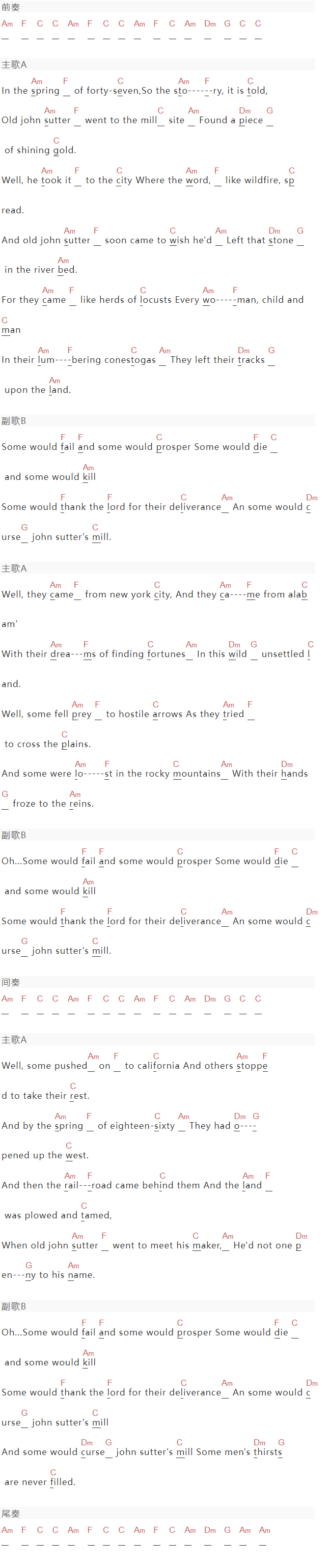 Dan Fogelberg《Sutter's mill》吉他谱C调和弦谱(txt)1