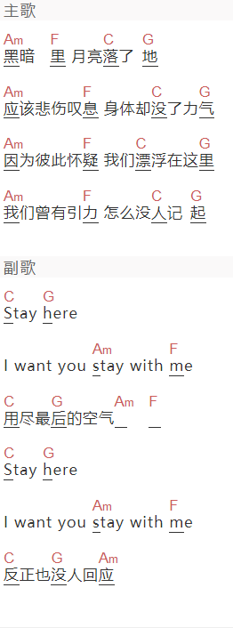 薛之谦《Stay Here》吉他谱C调和弦谱(txt)1