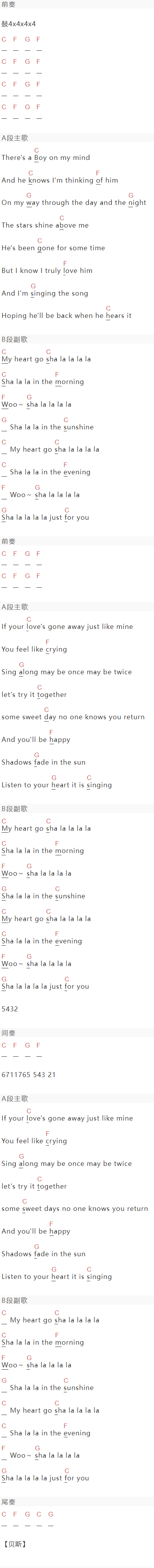 Dreamhouse《Sha la la la》吉他谱C调和弦谱(txt)1