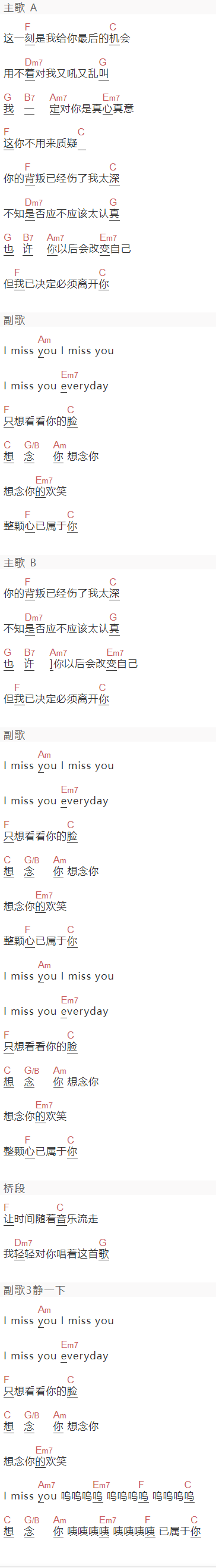 罗百吉《I Miss You》吉他谱C调和弦谱(txt)1