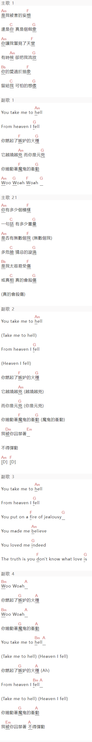 G.E.M.邓紫棋《HELL》吉他谱C调和弦谱(txt)1