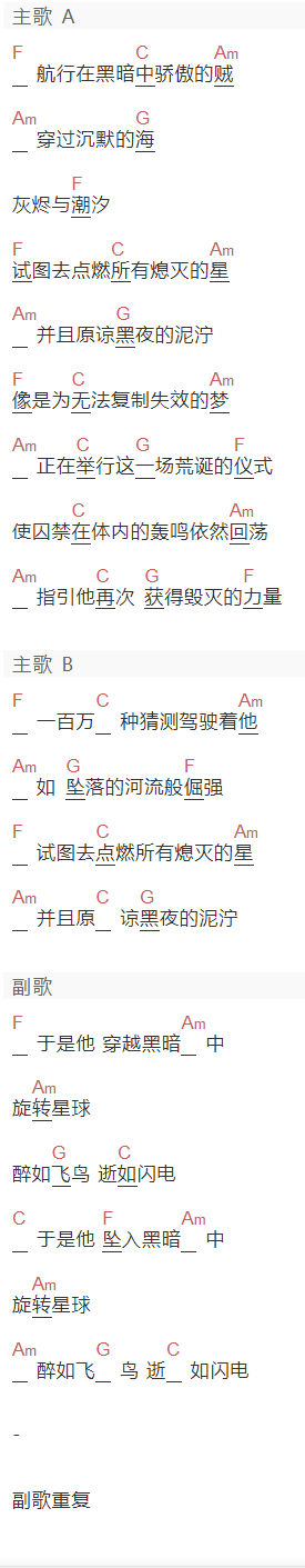 发光曲线《迷航》吉他谱C调和弦谱(txt)1