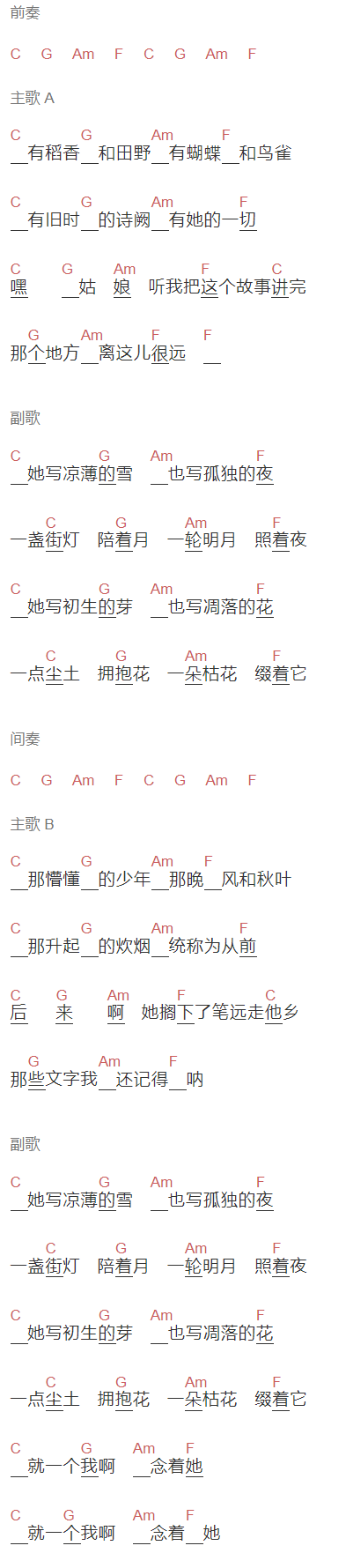 蓝心羽《麦田》吉他谱C调和弦谱(txt)1