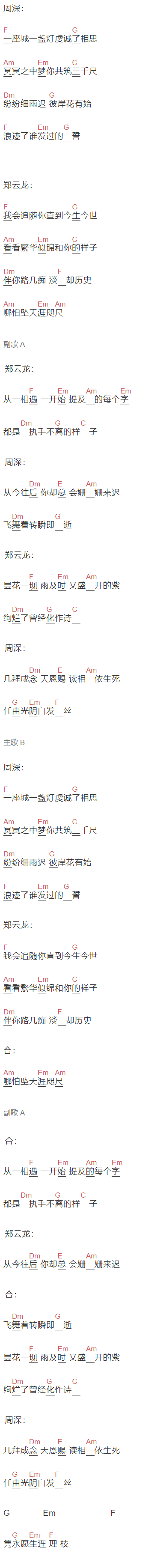 周深,郑云龙《昙花一现雨及时》吉他谱C调和弦谱(txt)1