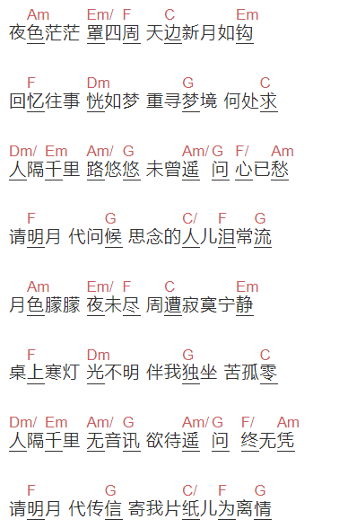 徐小凤《明月千里寄相思》吉他谱C调和弦谱(txt)1
