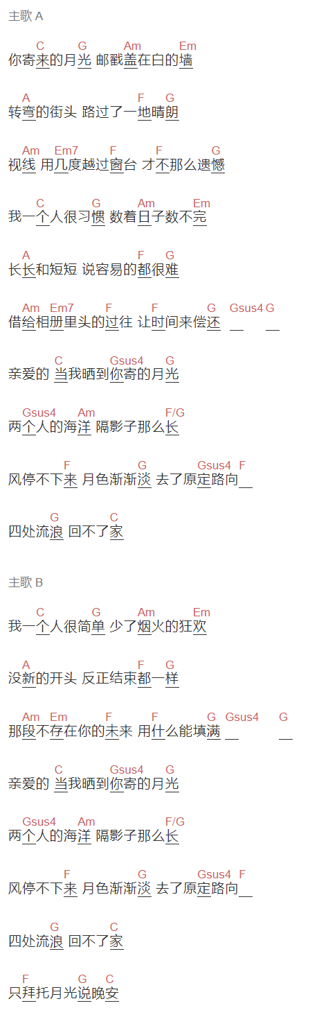 何洁《你寄的月光》吉他谱C调和弦谱(txt)1