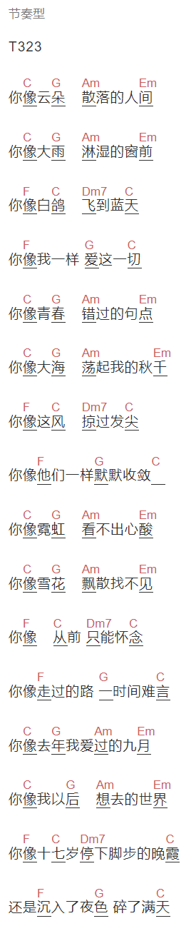 野夫子《你像云朵一样散落人间》吉他谱C调和弦谱(txt)1