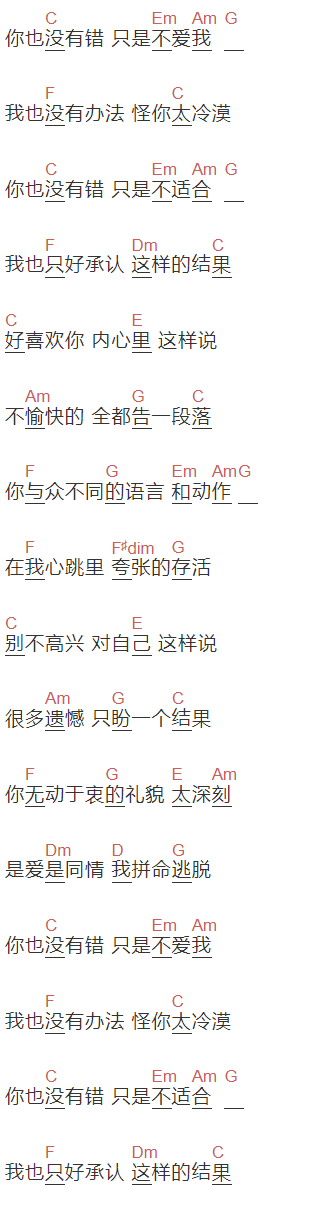 老鸭梨《你也没有错》吉他谱C调和弦谱(txt)1