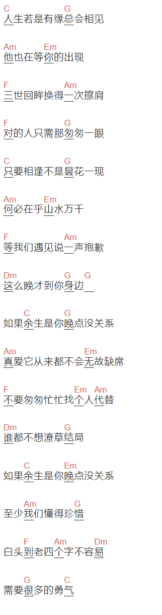 弦外之音《余生是你，晚点没关系》吉他谱C调和弦谱(txt)1
