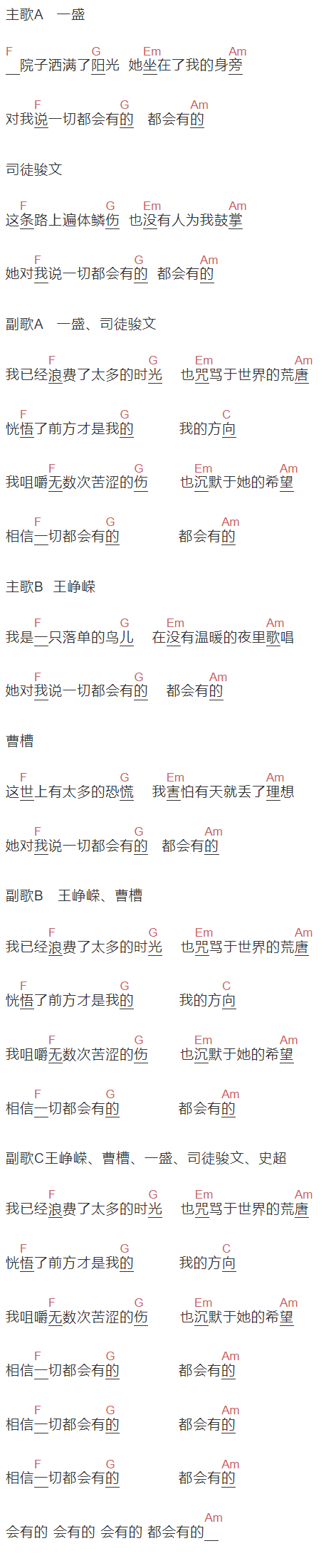 一盛《会有的》吉他谱C调和弦谱(txt)1