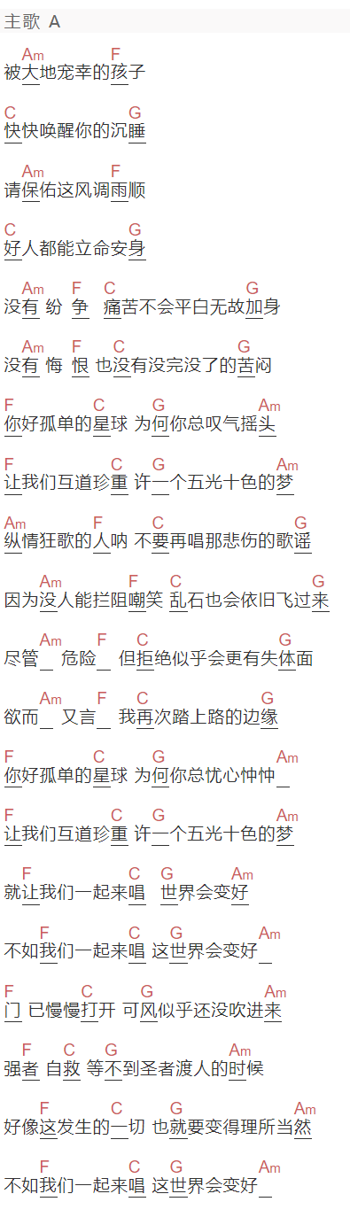 痛仰乐队《世界会变好》吉他谱C调和弦谱(txt)1