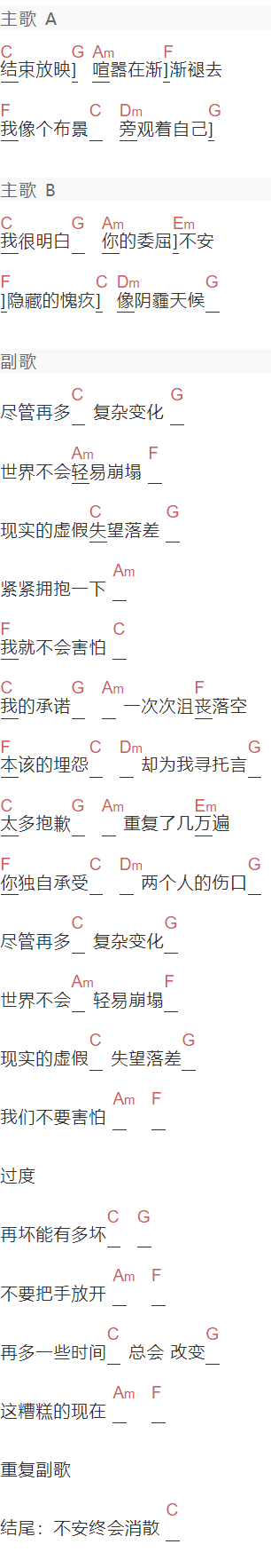 打扰一下乐队《世界不会轻易崩塌》吉他谱C调和弦谱(txt)1