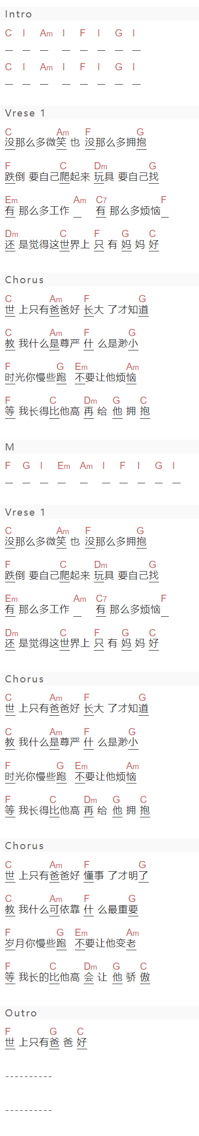 赵英俊《世上只有爸爸好》吉他谱C调和弦谱(txt)1