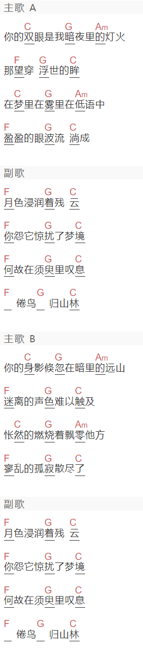 愚青《与光》吉他谱C调和弦谱(txt)1