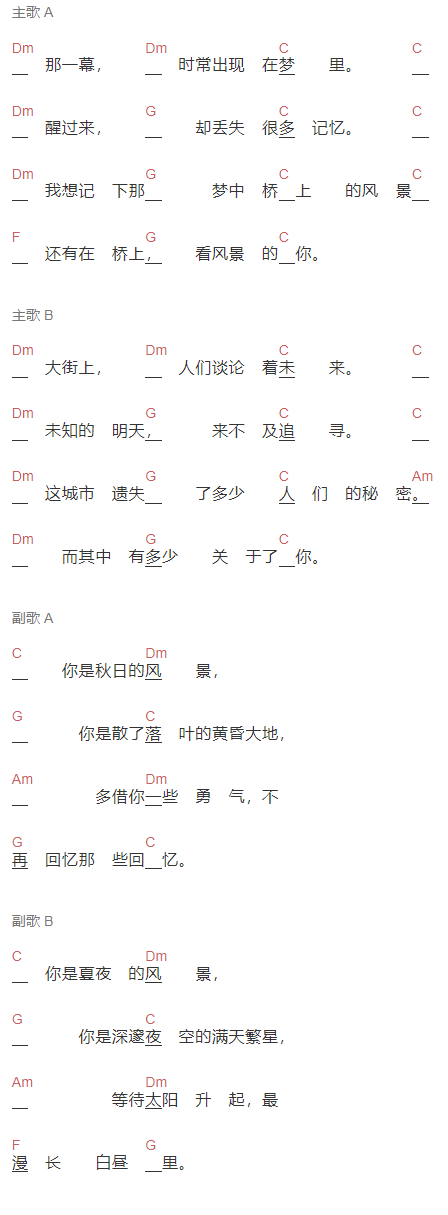 火车乐队《风景》吉他谱C调和弦谱(txt)1