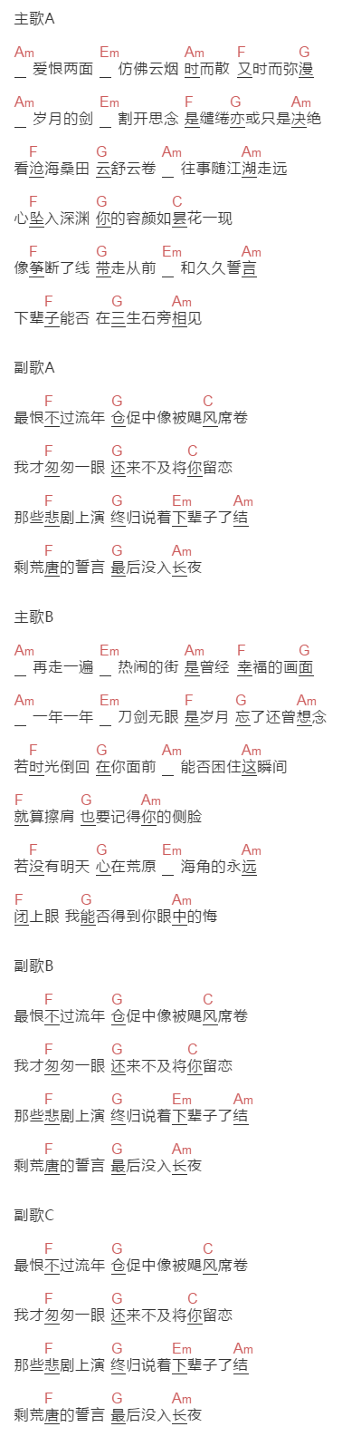 董真《了结》吉他谱C调和弦谱(txt)1