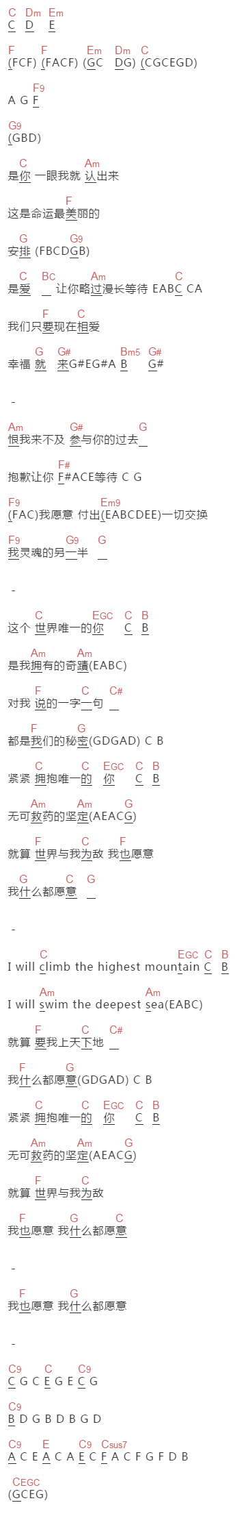 萧敬腾《世界唯一的你》吉他谱C调和弦谱(txt)1