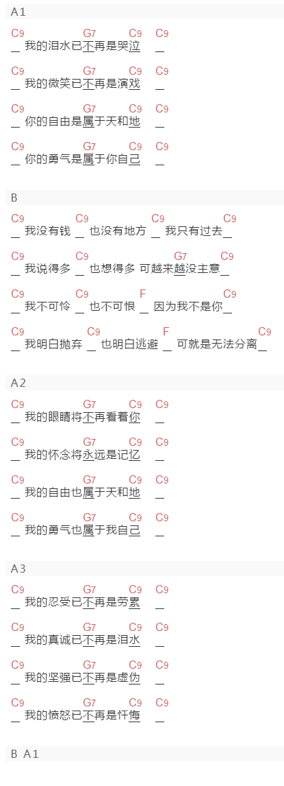 崔健《不再掩饰》吉他谱C调和弦谱(txt)1