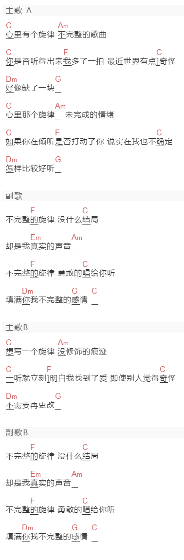 王力宏《不完整的旋律》吉他谱C调和弦谱(txt)1