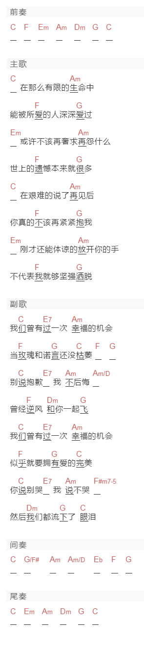潘越云《一次幸福的机会》吉他谱C调和弦谱(txt)1