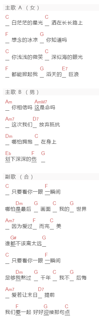 张惠妹,萧敬腾《一眼瞬间》吉他谱C调和弦谱(txt)1