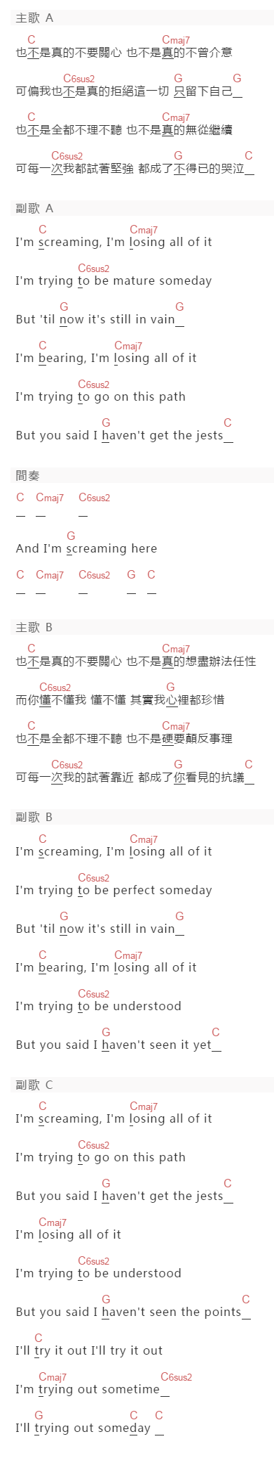 張懸《scream》吉他谱C调和弦谱(txt)1