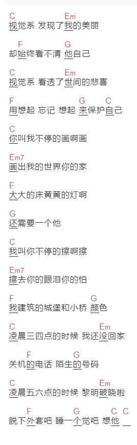 曾轶可《视觉系》吉他谱C调和弦谱(txt)1