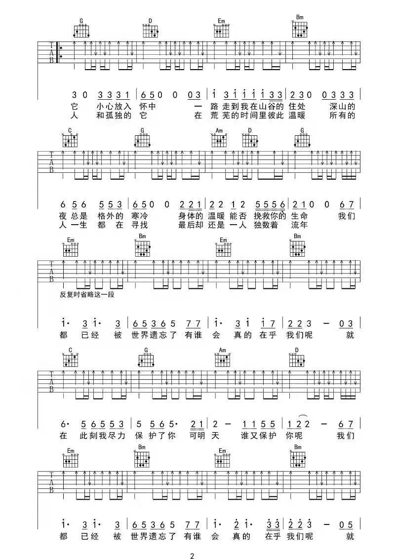 张闯《山谷中被风雨打落的麻雀》吉他谱C调六线谱(图)1