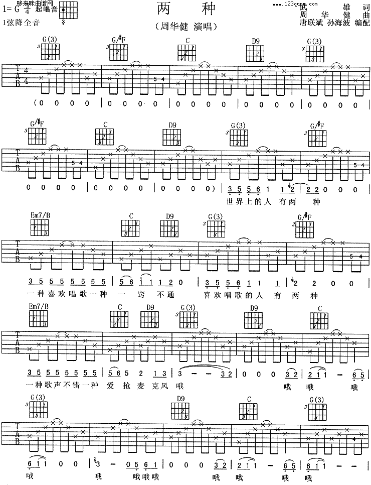 周华健《两种》吉他谱C调六线谱(图)1