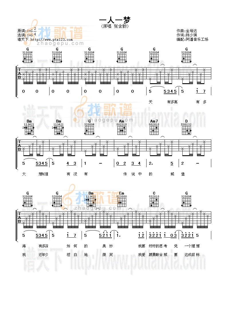 张含韵《一人一梦》吉他谱G调六线谱(图)1